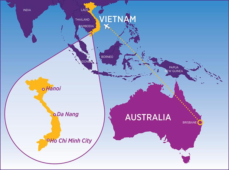 Brisbane to Vietnam map