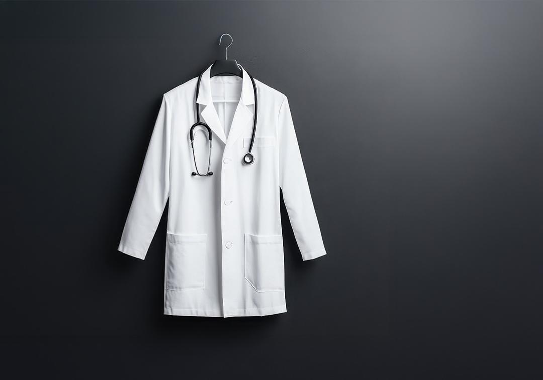 A white coat and stethoscope on a coat hanger on a black background.