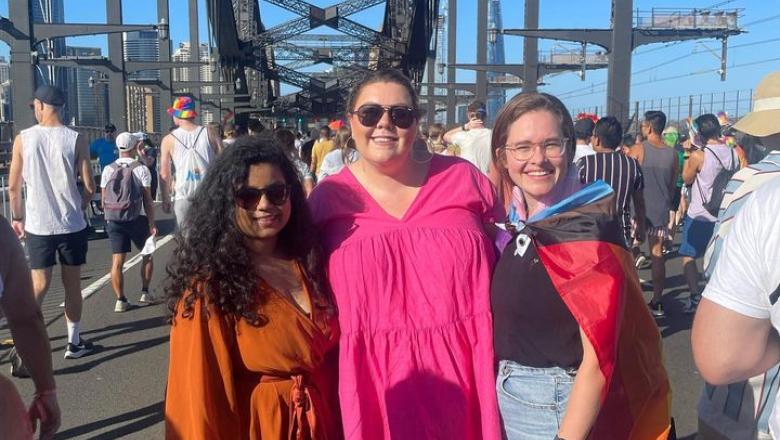 UQ-Ochsner fourth-year students Abi and Kali representing Prism at World Pride 2023 in Sydney, AUS