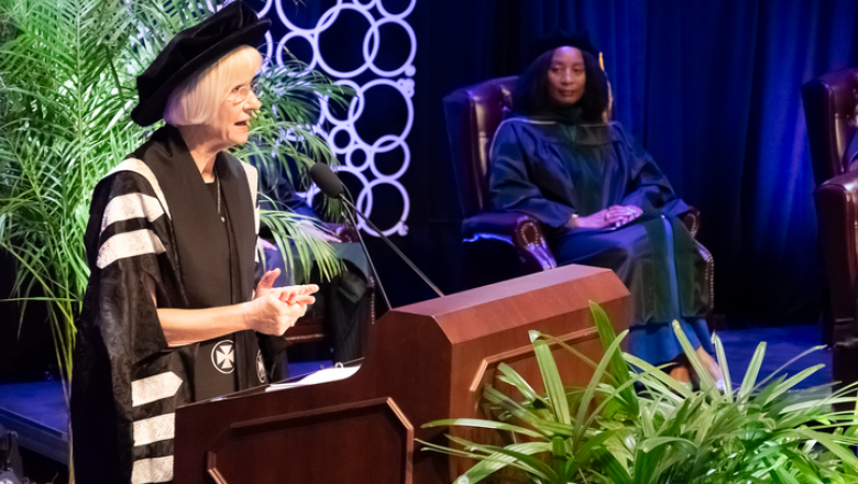 Professor Deborah Terry AC, givng her speech at the 2024 graduation ceremony in New Orleans.