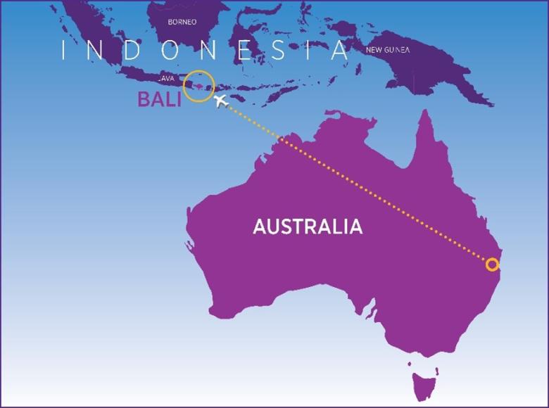 Bali to Brisbane map