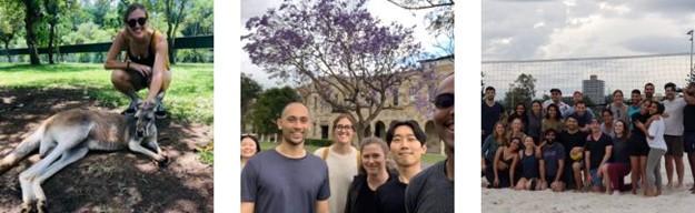 Hayley with a kangaroo, and with classmates