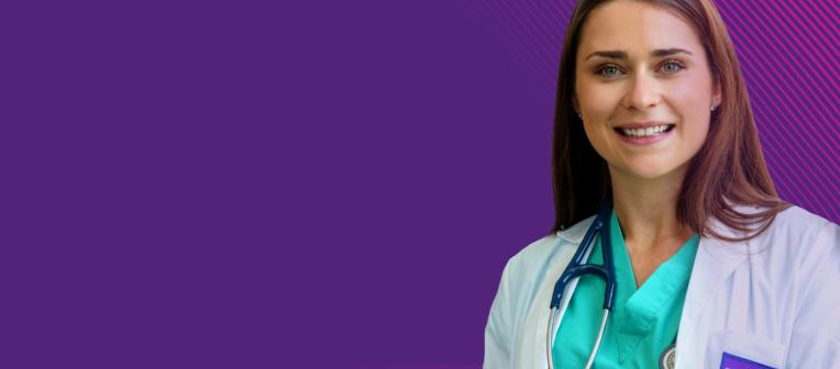 Female student with stethoscope against purple background