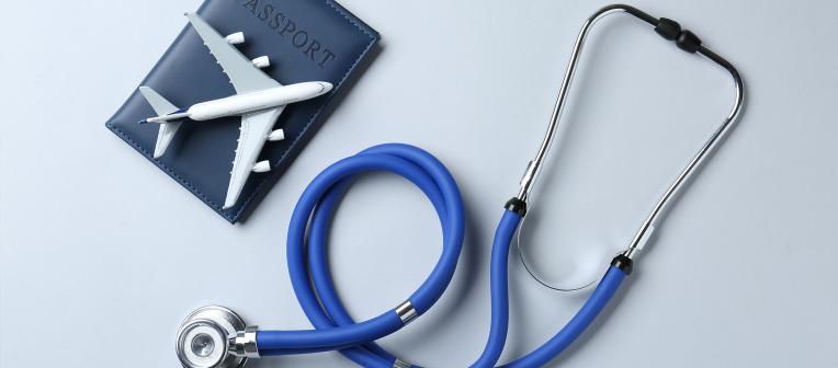 plane, passport, stethoscope