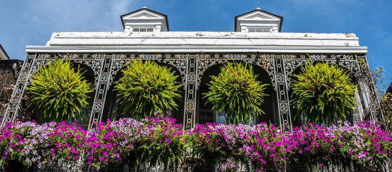 New Orleans home with hanging baskets of ferns and flowers